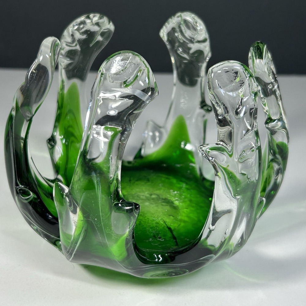 Handblown Glass‎ Candle Holder Abstract Art Eclectic Splash Green Sculpture